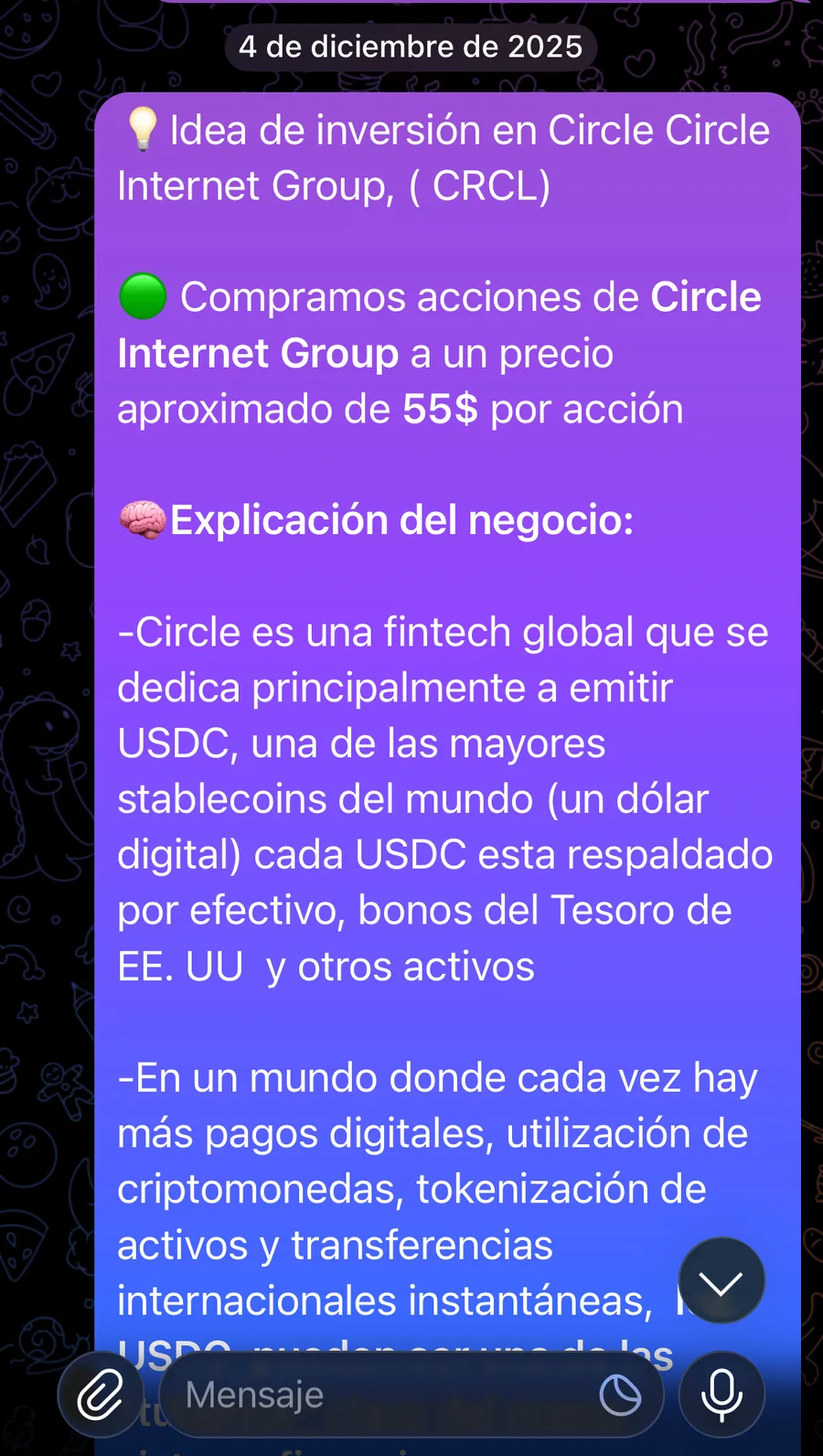 Tesis de Circle enviada al canal de Golden Capital